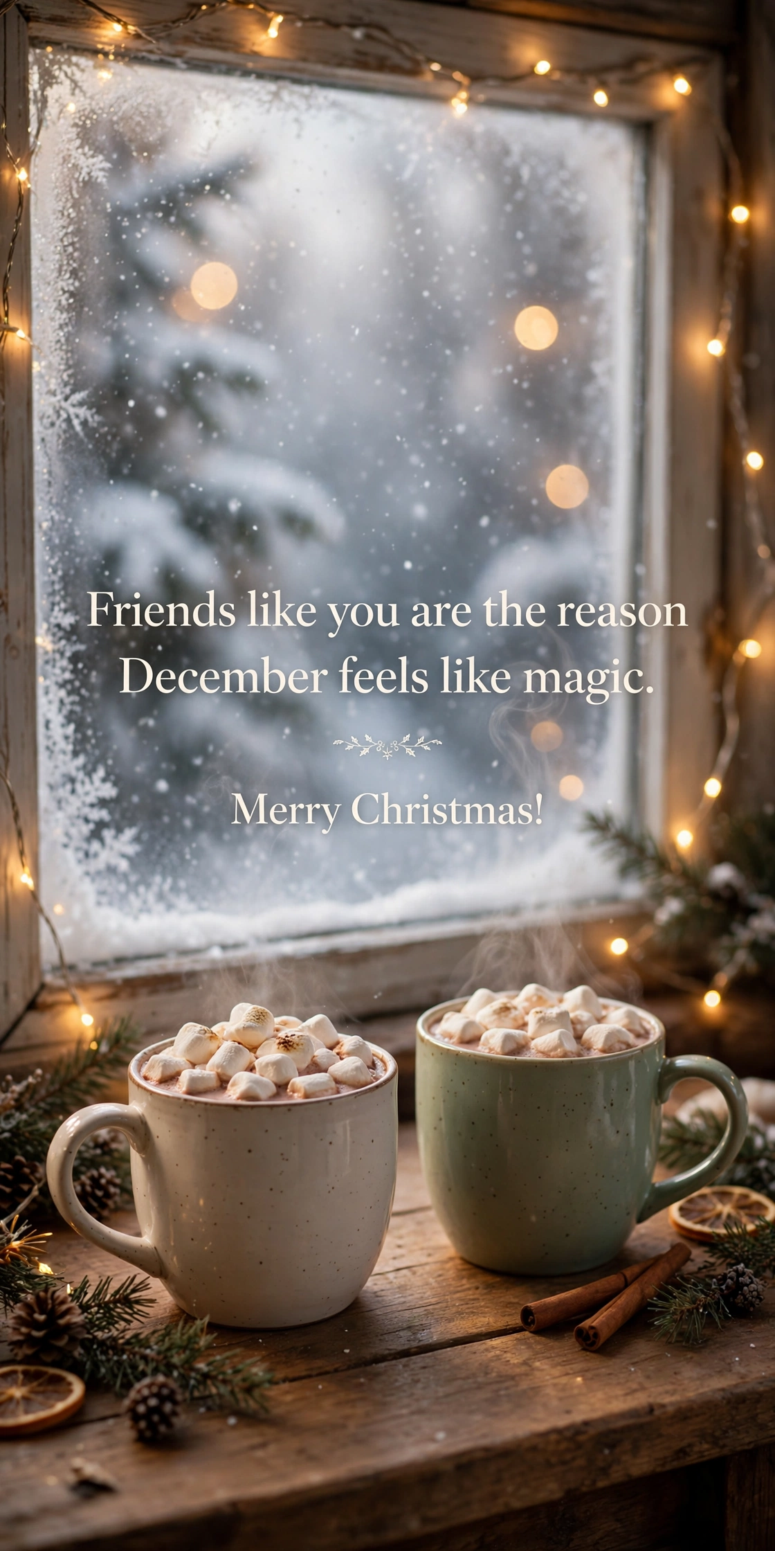 120+ Christmas Wishes, Messages & Quotes: Merry Texts for Everyone 6 Christmas wishes for friends quote card with two mugs of cocoa by a frosted window