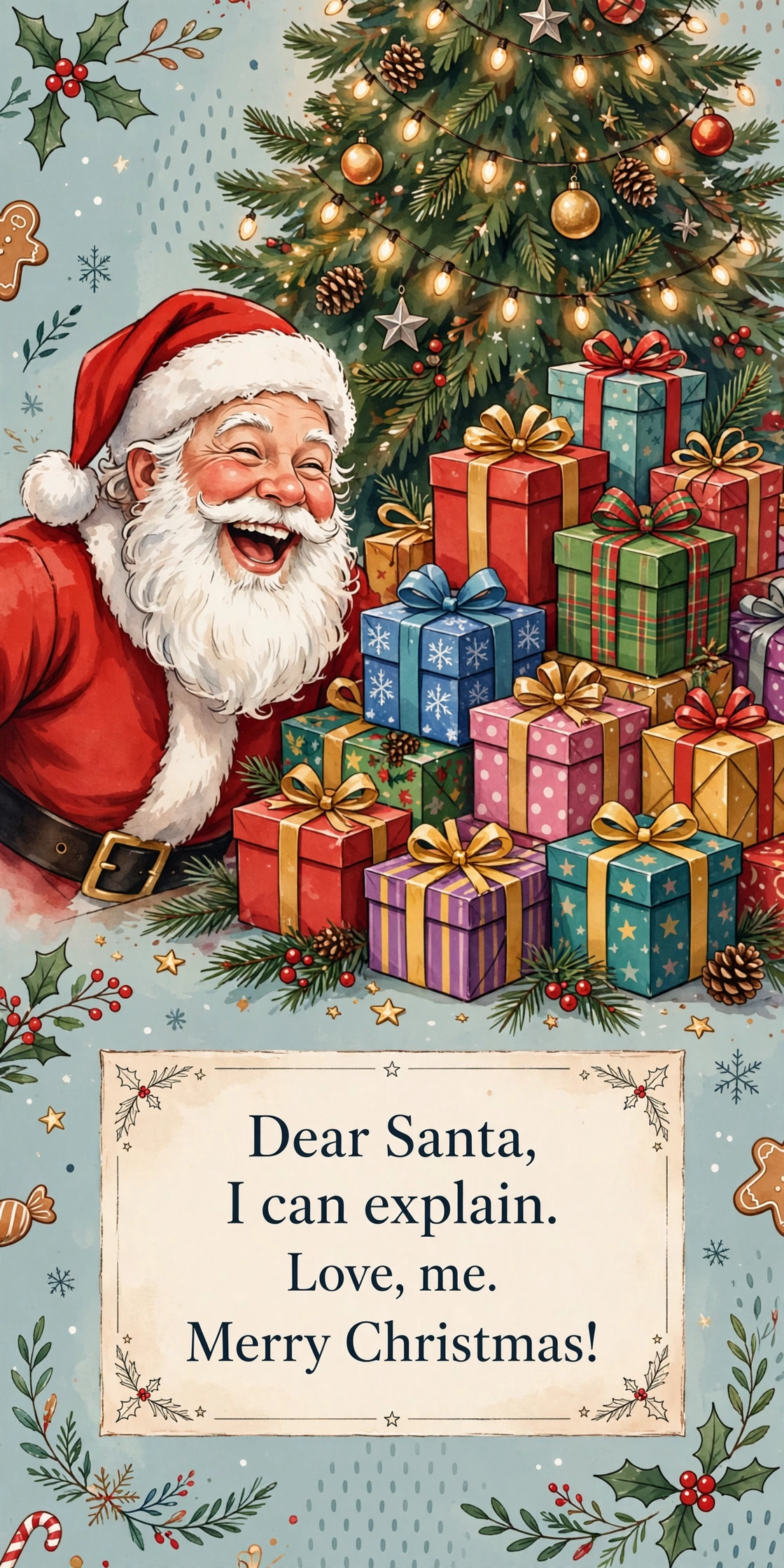 120+ Christmas Wishes, Messages & Quotes: Merry Texts for Everyone 3 Funny Christmas text quote card with Santa laughing beside a pile of presents