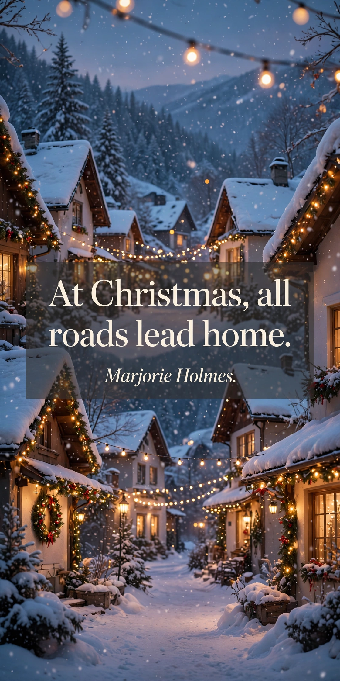 120+ Christmas Wishes, Messages & Quotes: Merry Texts for Everyone 4 Christmas quotes card with a snowy winter village glowing under Christmas lights