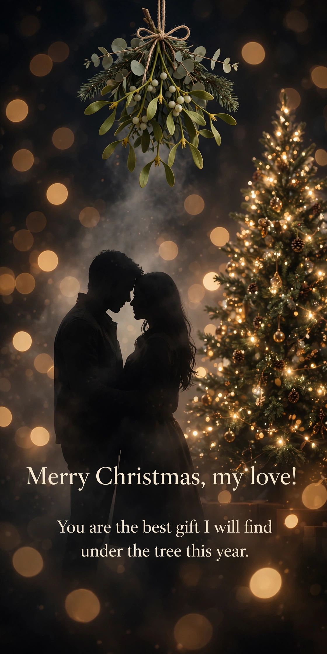 120+ Christmas Wishes, Messages & Quotes: Merry Texts for Everyone 7 Romantic Christmas message card with a couple under mistletoe by a lit Christmas tree