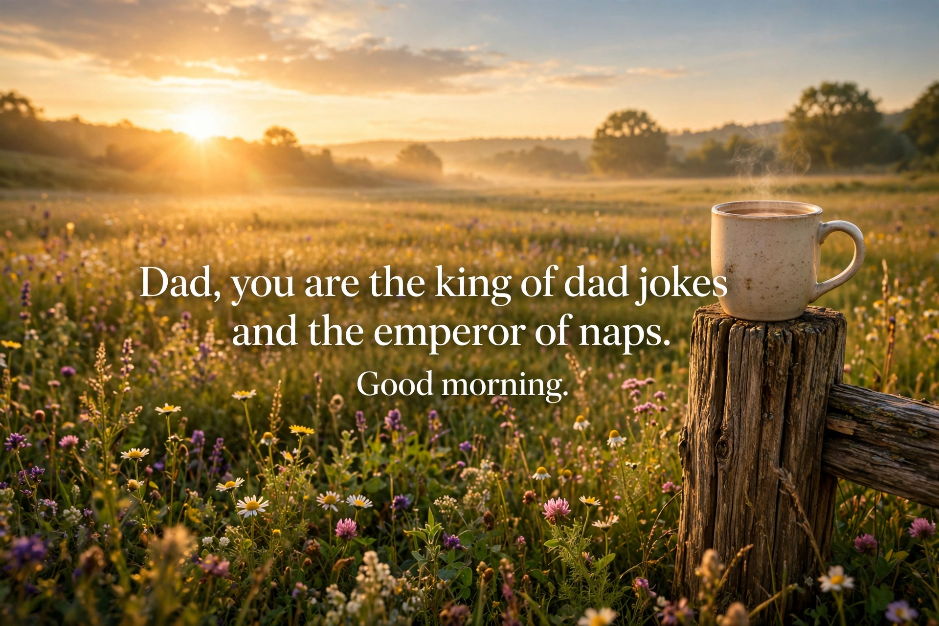 Funny good morning texts for dad quote card with bright cheerful sunrise