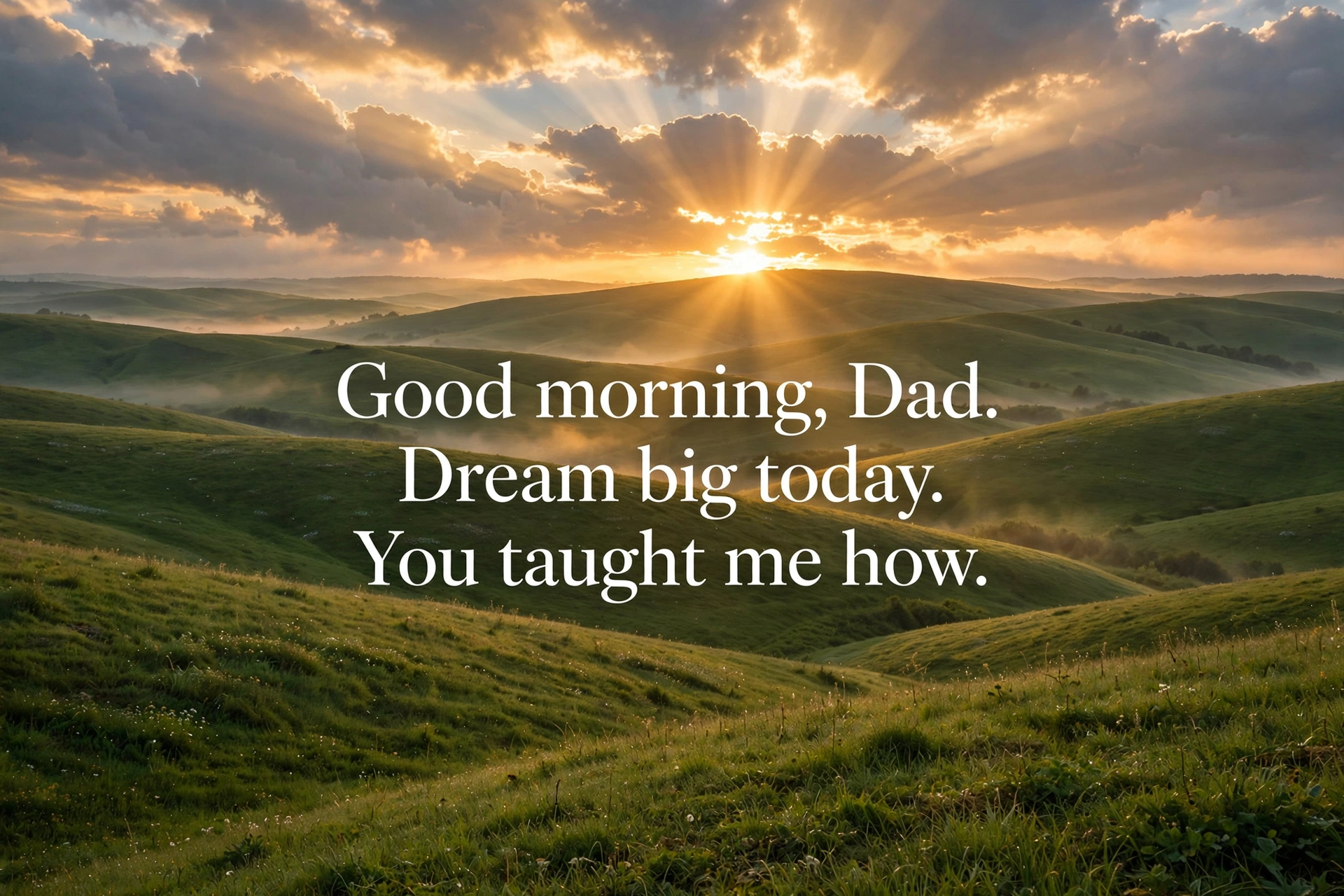 Inspirational good morning wishes for dad quote card with sunrise breaking over hills