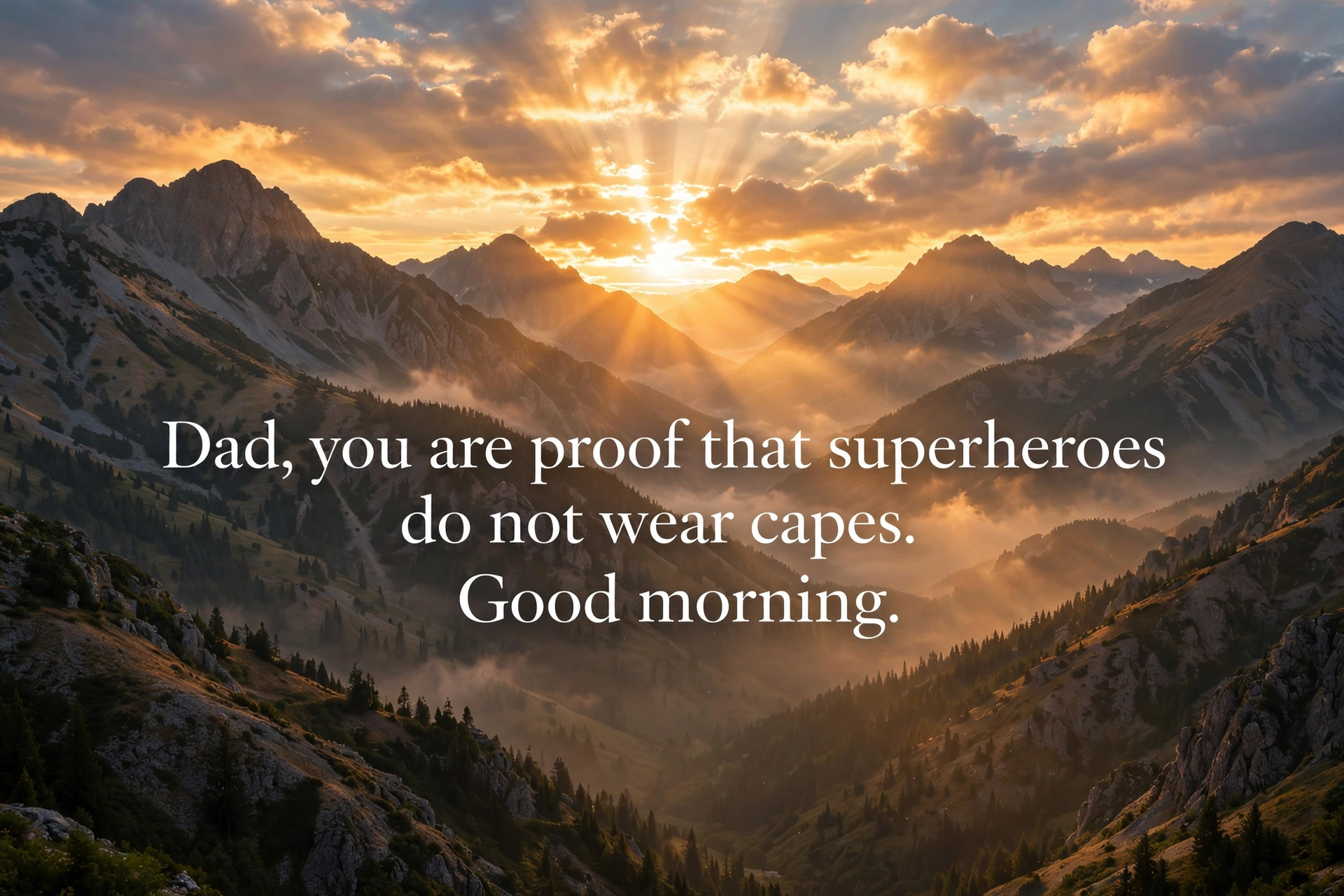 Proud and loving good morning wishes for dad quote card with golden sunrise over mountains