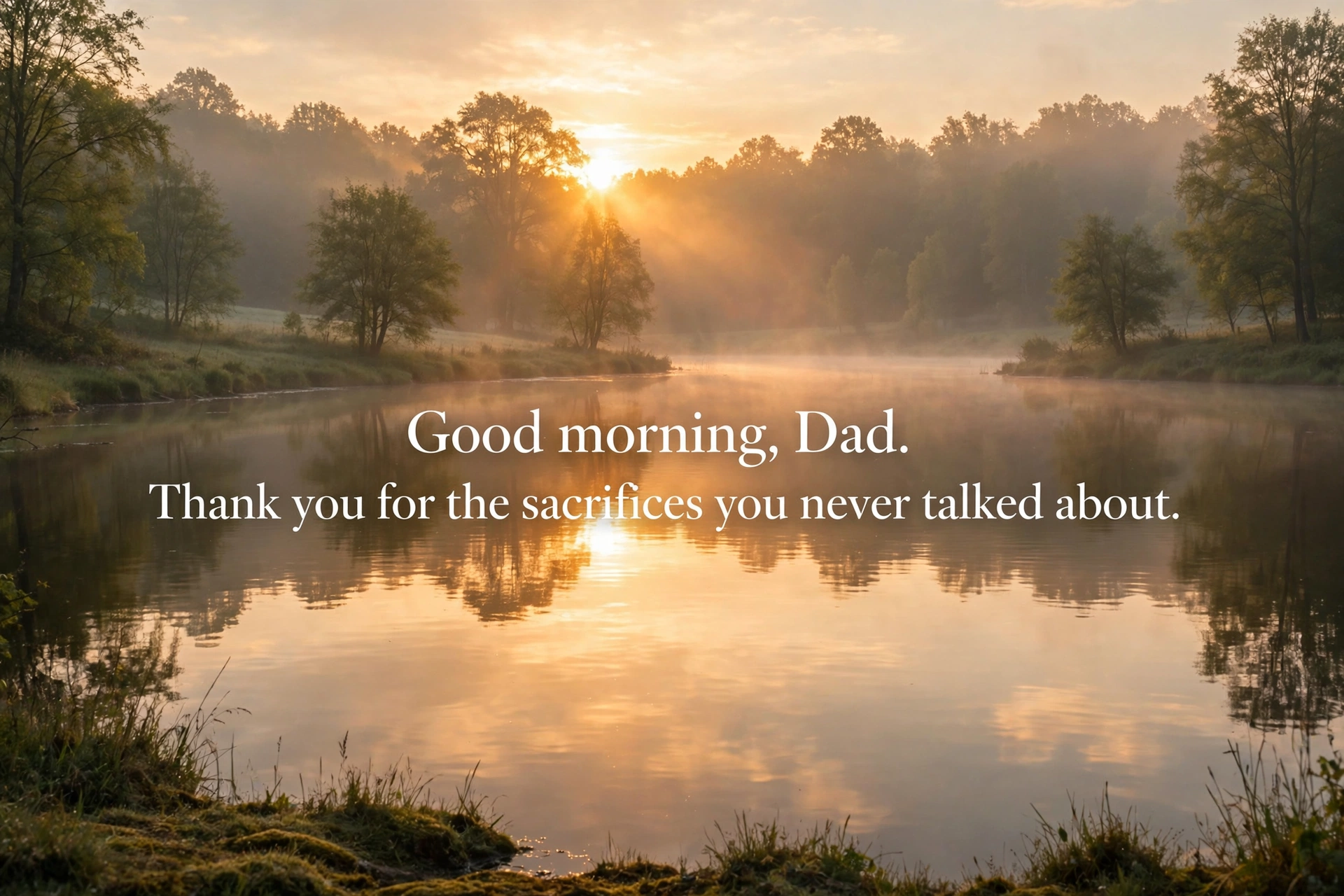 Thankful good morning messages for dad quote card with warm sunrise over a quiet lake