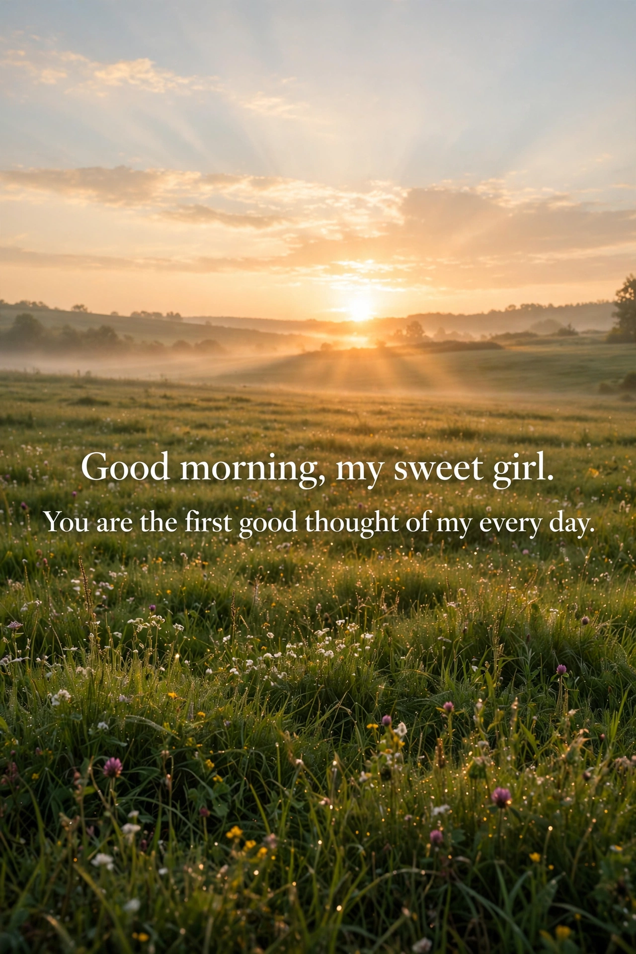 120+ Good Morning Wishes for Daughter: Sweet Texts & Loving Messages 2 Sweet loving good morning wishes for daughter quote card with golden sunrise over meadow