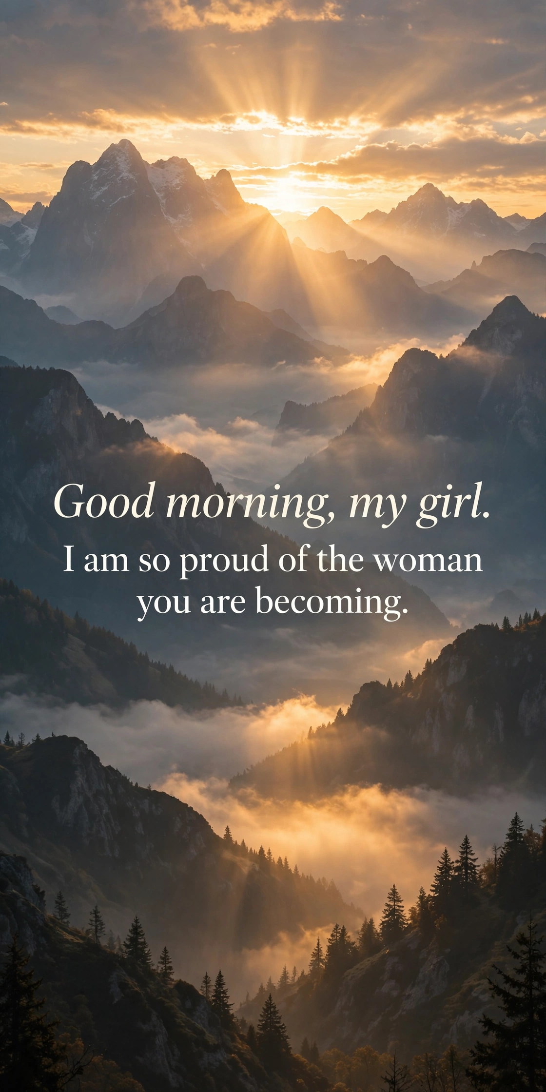 120+ Good Morning Wishes for Daughter: Sweet Texts & Loving Messages 3 Proud parent good morning wishes for daughter quote card with sunrise over mountains