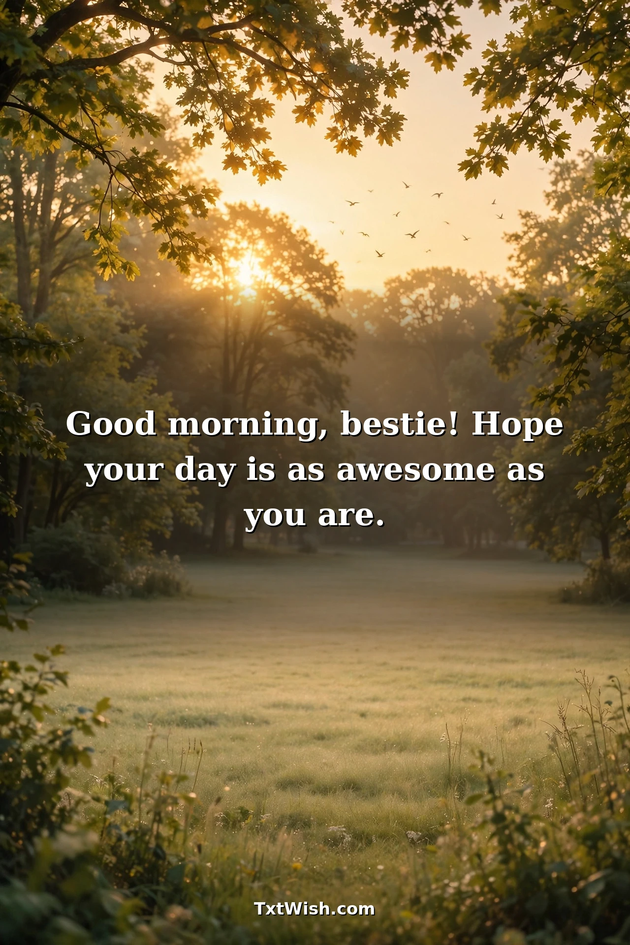 Sweet good morning messages for friends quote card with golden sunrise over park