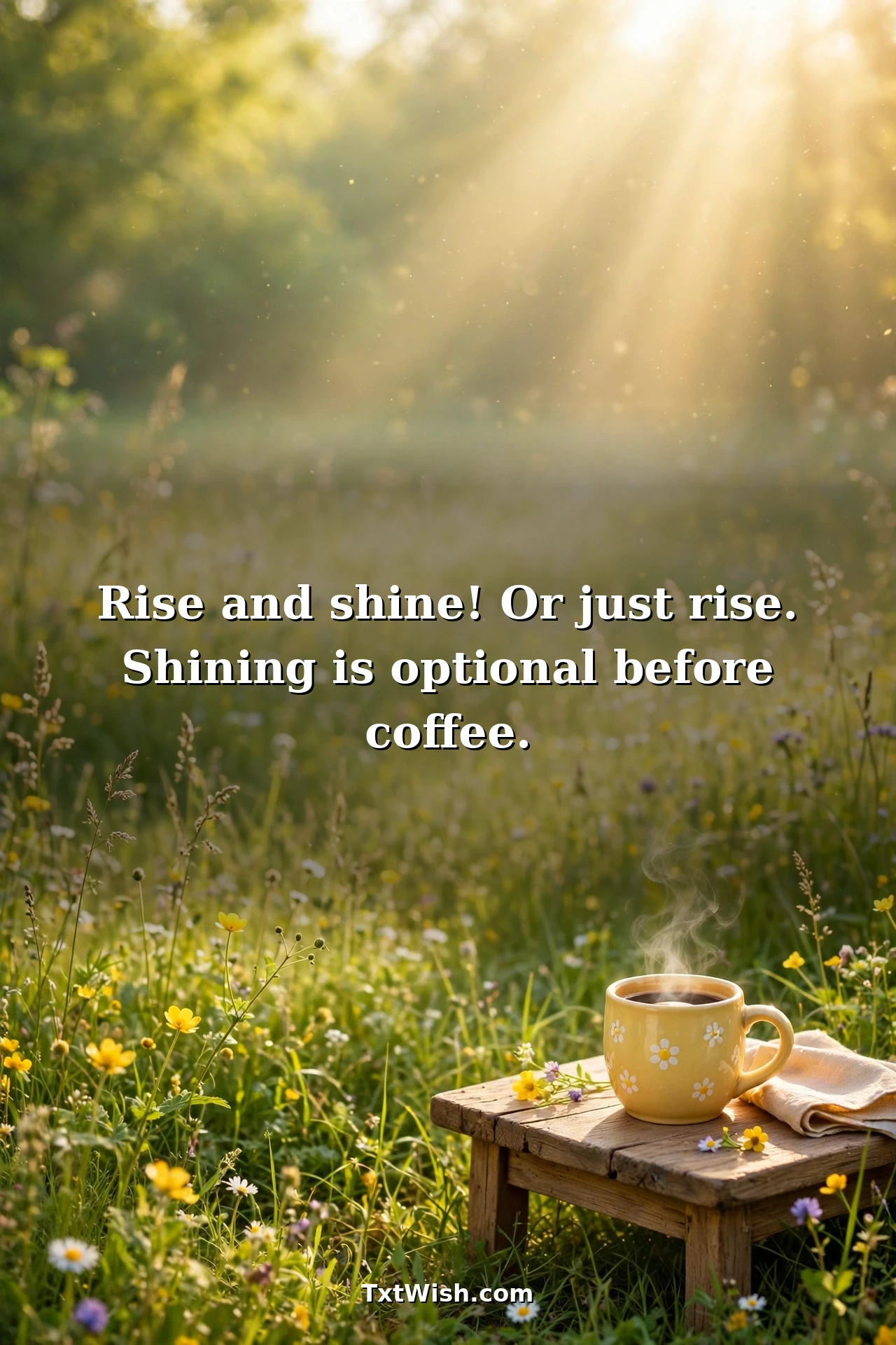 Funny good morning messages quote card with sunny meadow and coffee