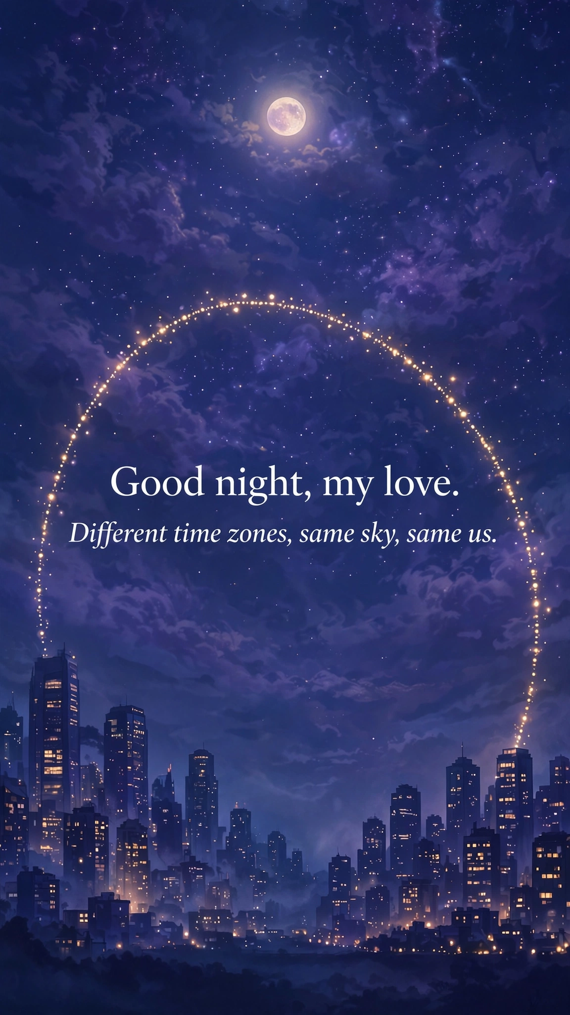 Long distance good night wishes for her quote card with moonlit sky design