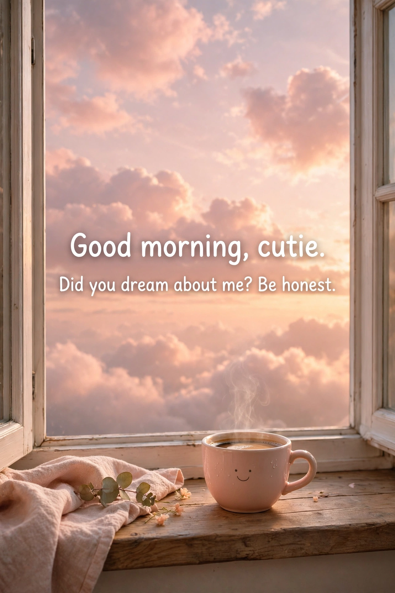 Cute good morning texts for girlfriend quote card with soft pink sunrise