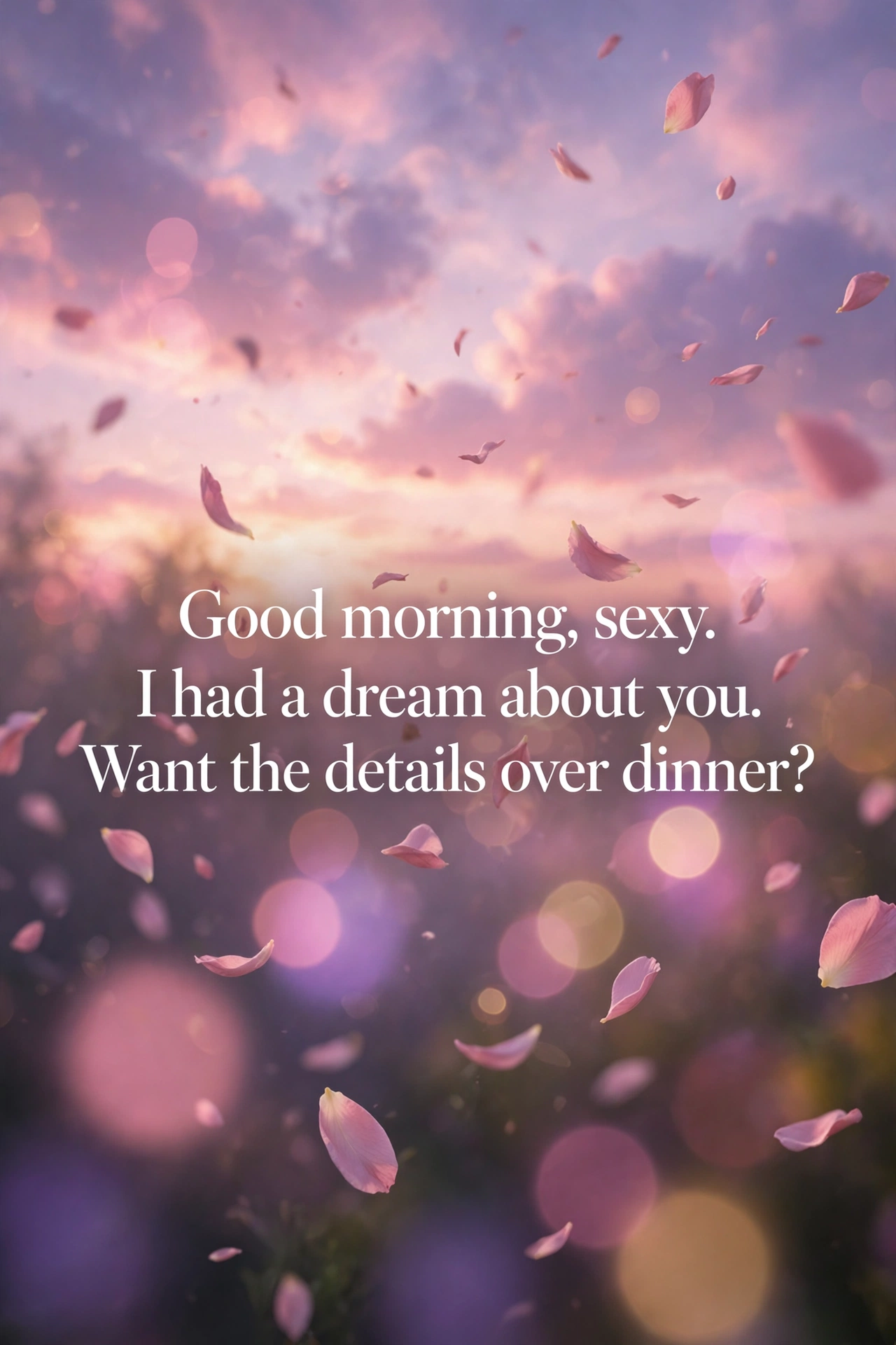 Flirty good morning messages for her quote card with dreamy sunrise and petals
