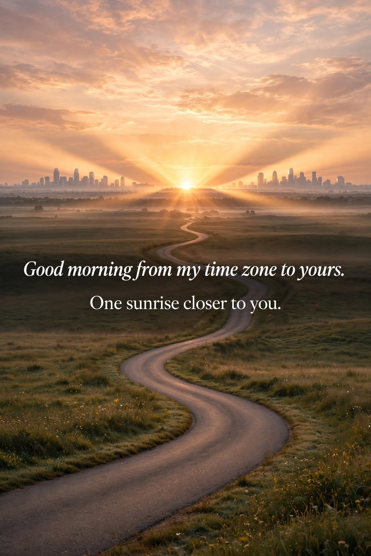 Long distance good morning messages for her quote card with sunrise over horizon