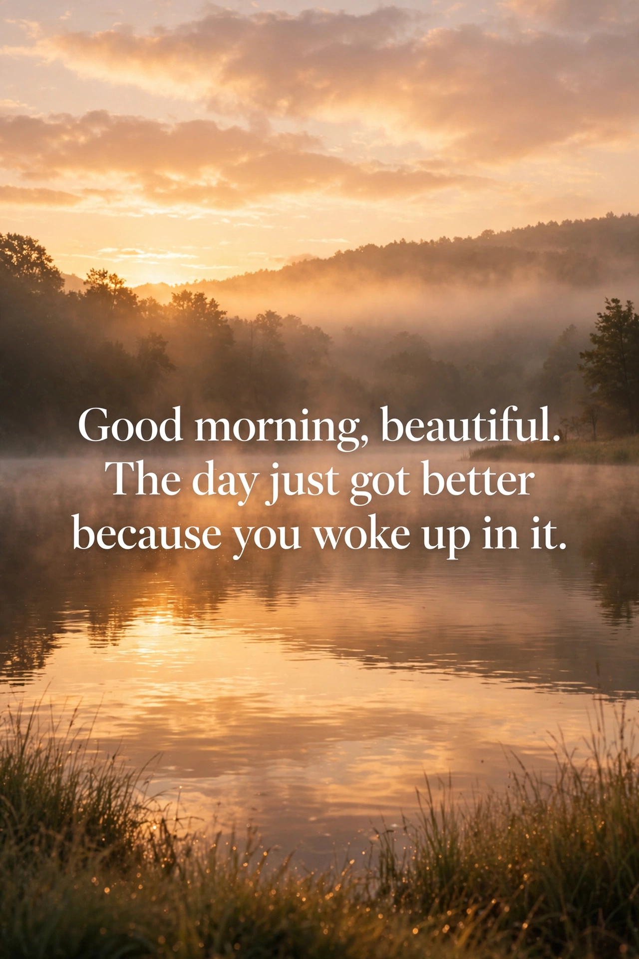 Romantic good morning wishes for her quote card with sunrise over calm lake
