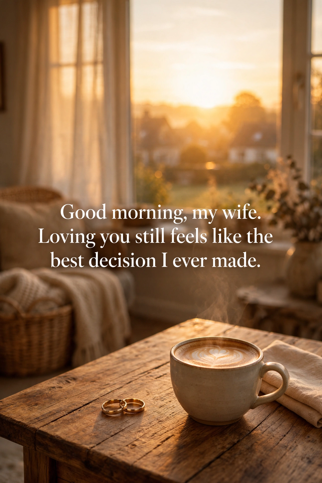 Sweet good morning wishes for wife quote card with golden sunrise