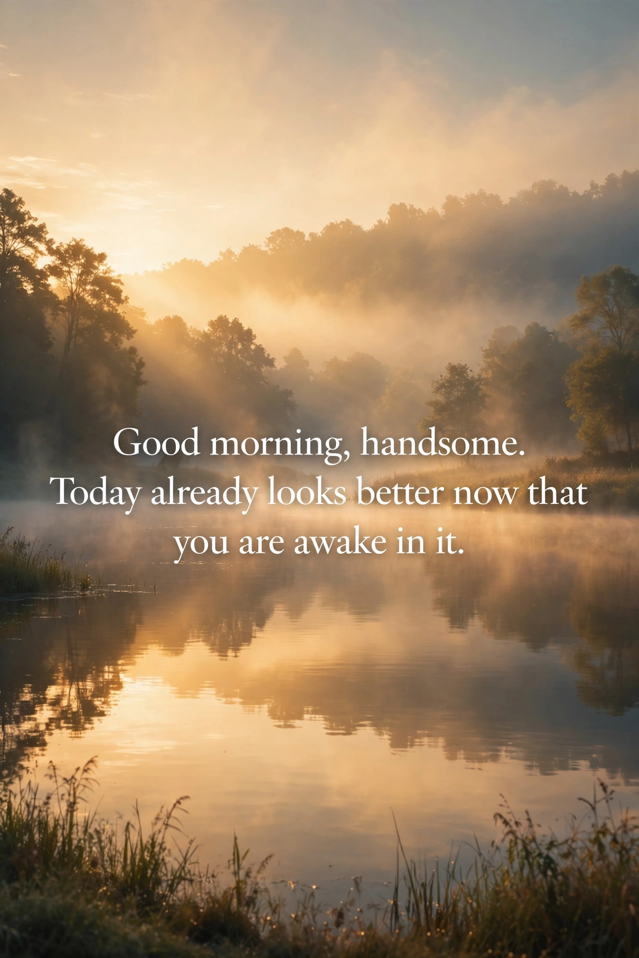 Romantic good morning wishes for him quote card with sunrise over calm lake