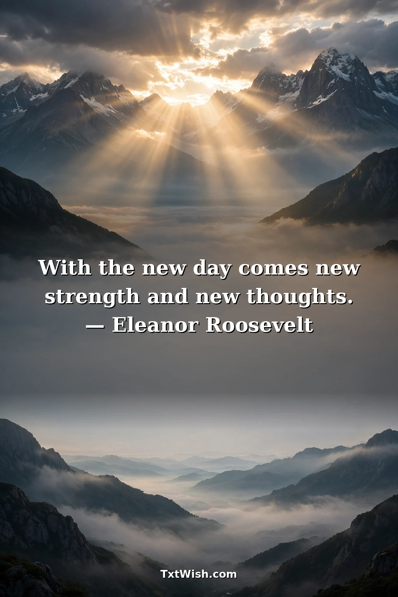 Inspirational good morning quotes card with mountain sunrise and god rays