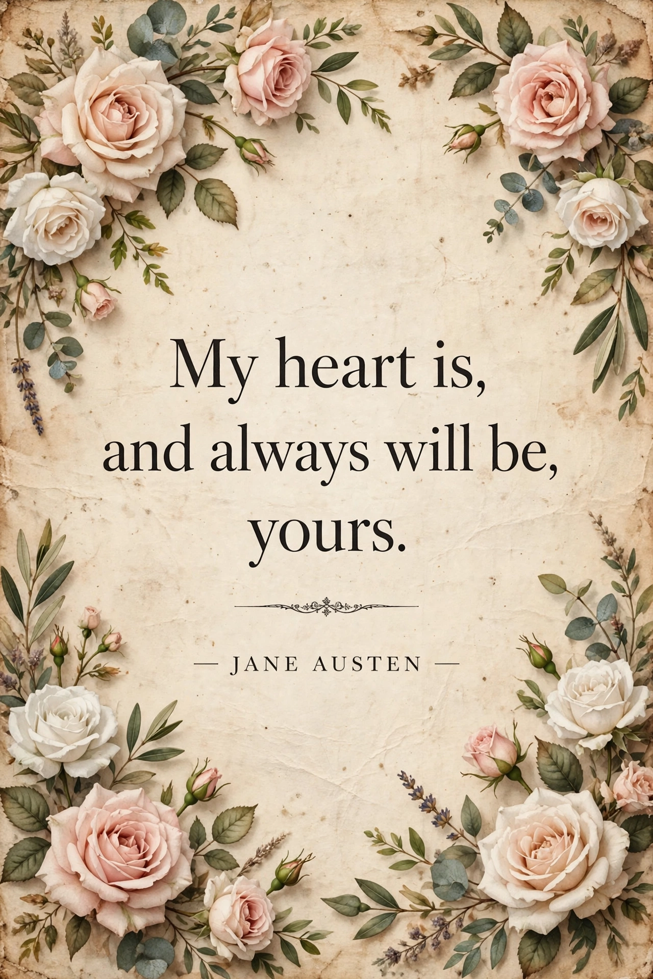 Famous love quotes card with elegant roses and vintage romance style