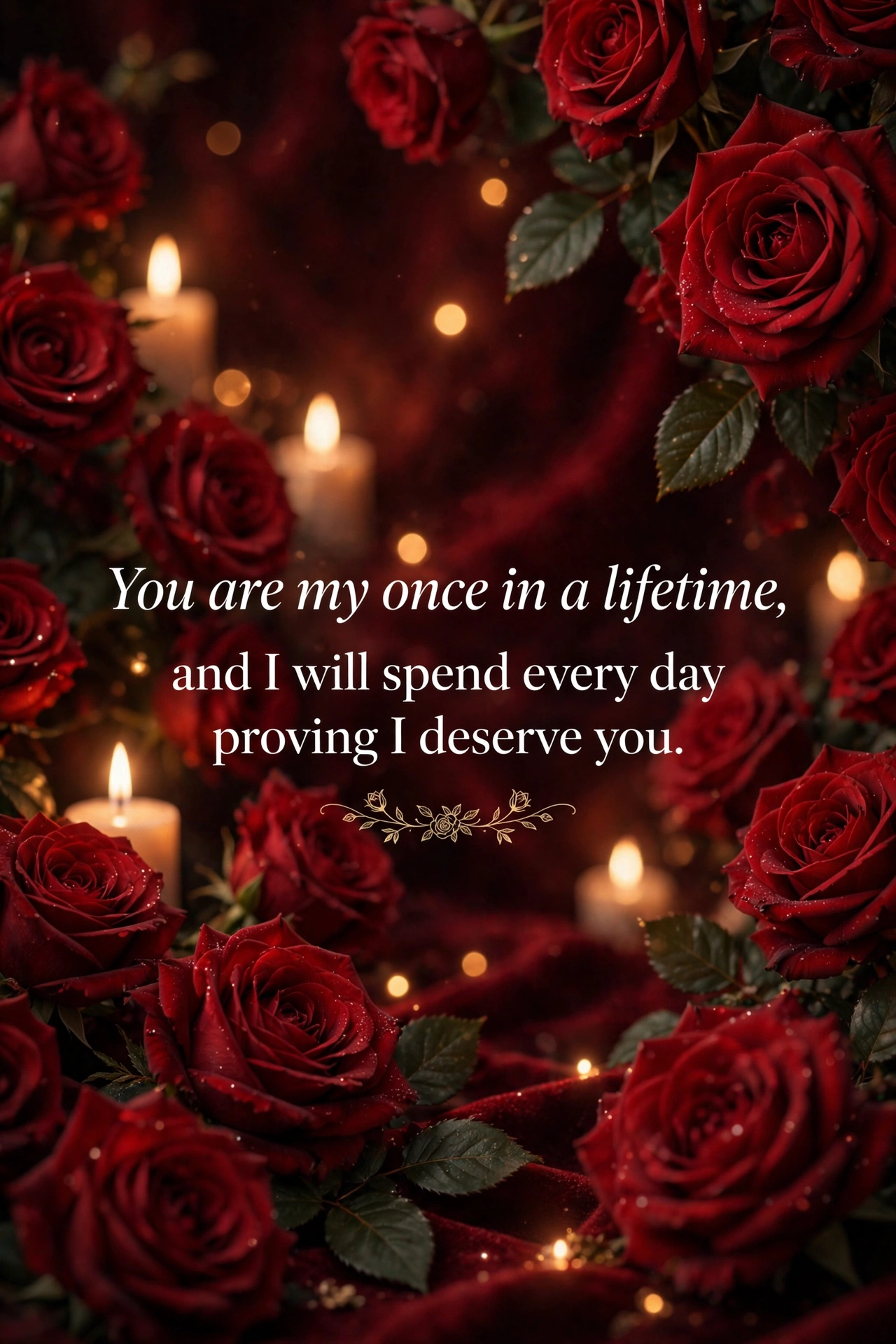 Romantic love messages quote card with red roses and soft candlelight