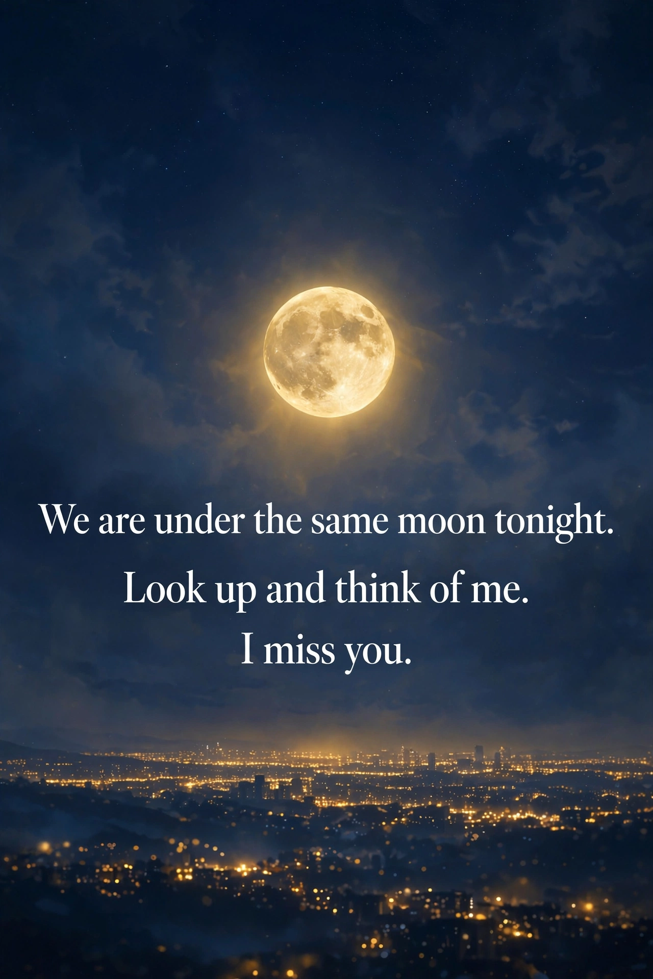 260+ Miss You Messages: Sweet Texts for Someone You Miss 5 Long distance miss you message quote card with night sky and city lights