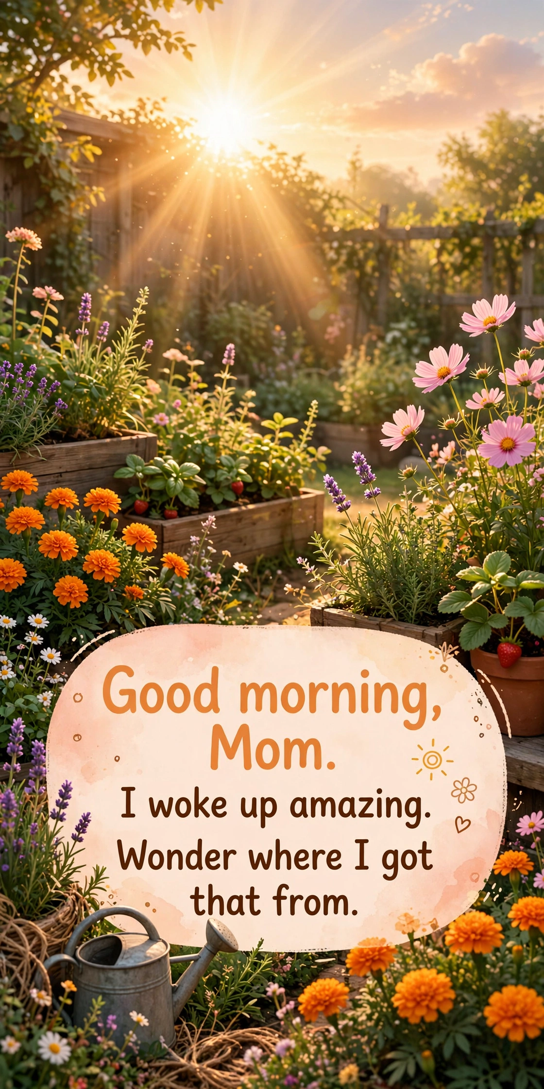 Funny good morning texts for mom quote card with bright cheerful sunrise