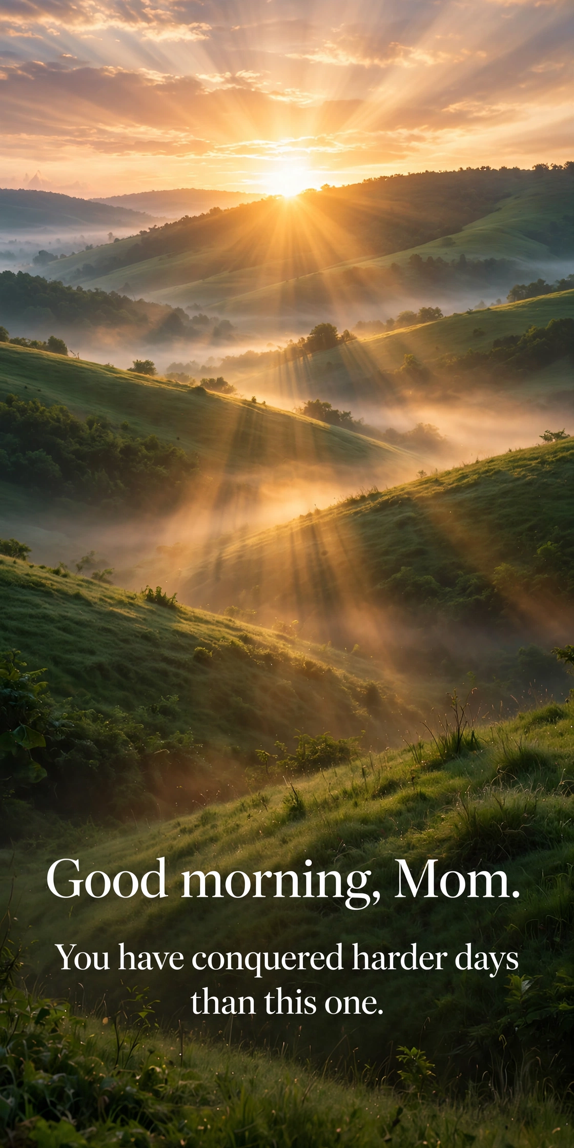 Inspirational good morning wishes for mom quote card with sunrise breaking over hills
