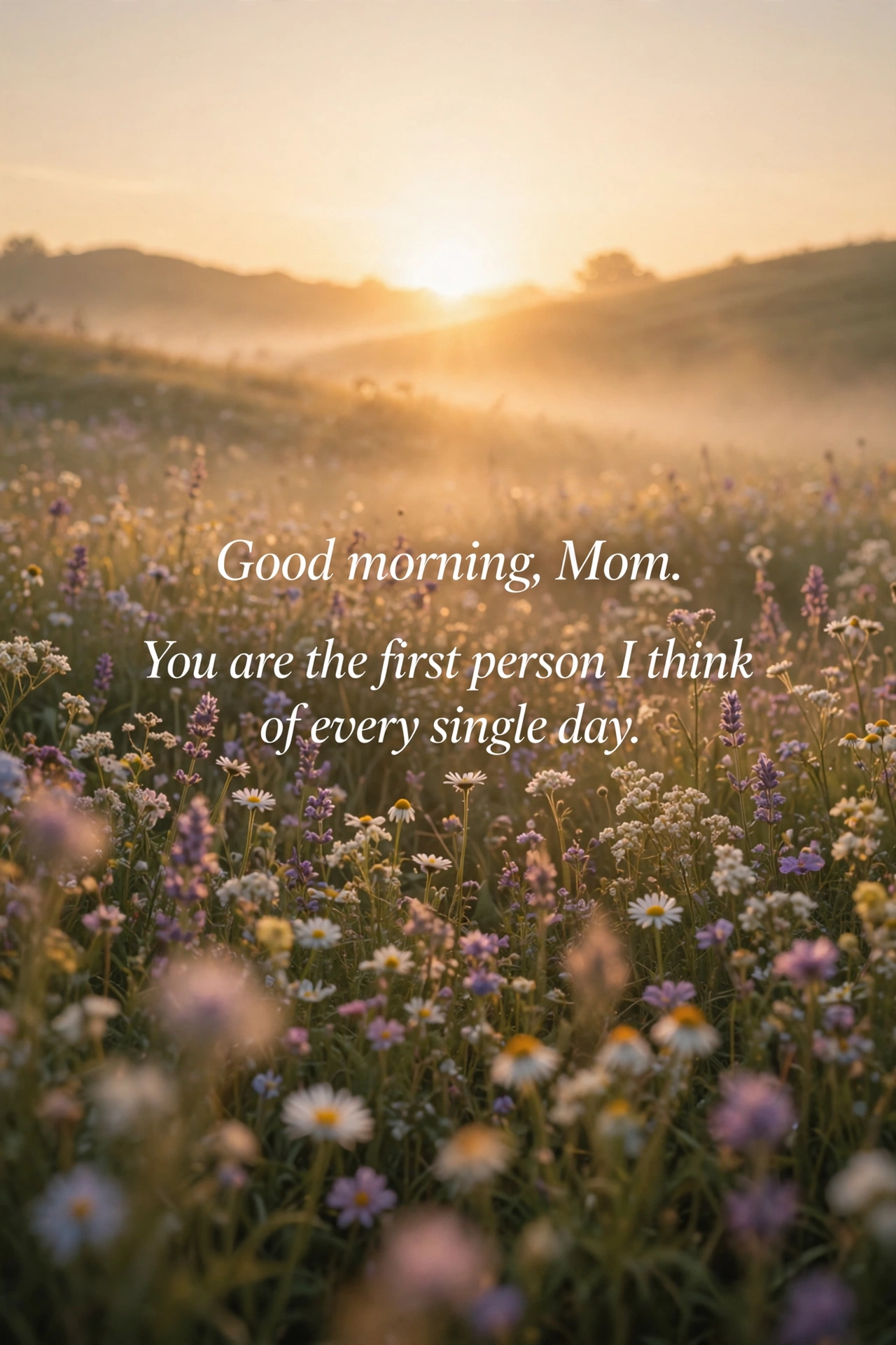 Sweet loving good morning wishes for mom quote card with golden sunrise over meadow