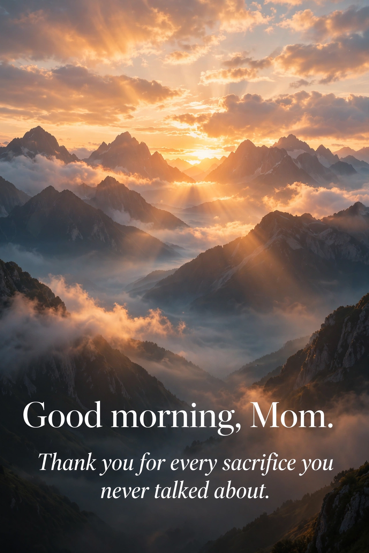 Thankful good morning messages for mom quote card with sunrise over mountains