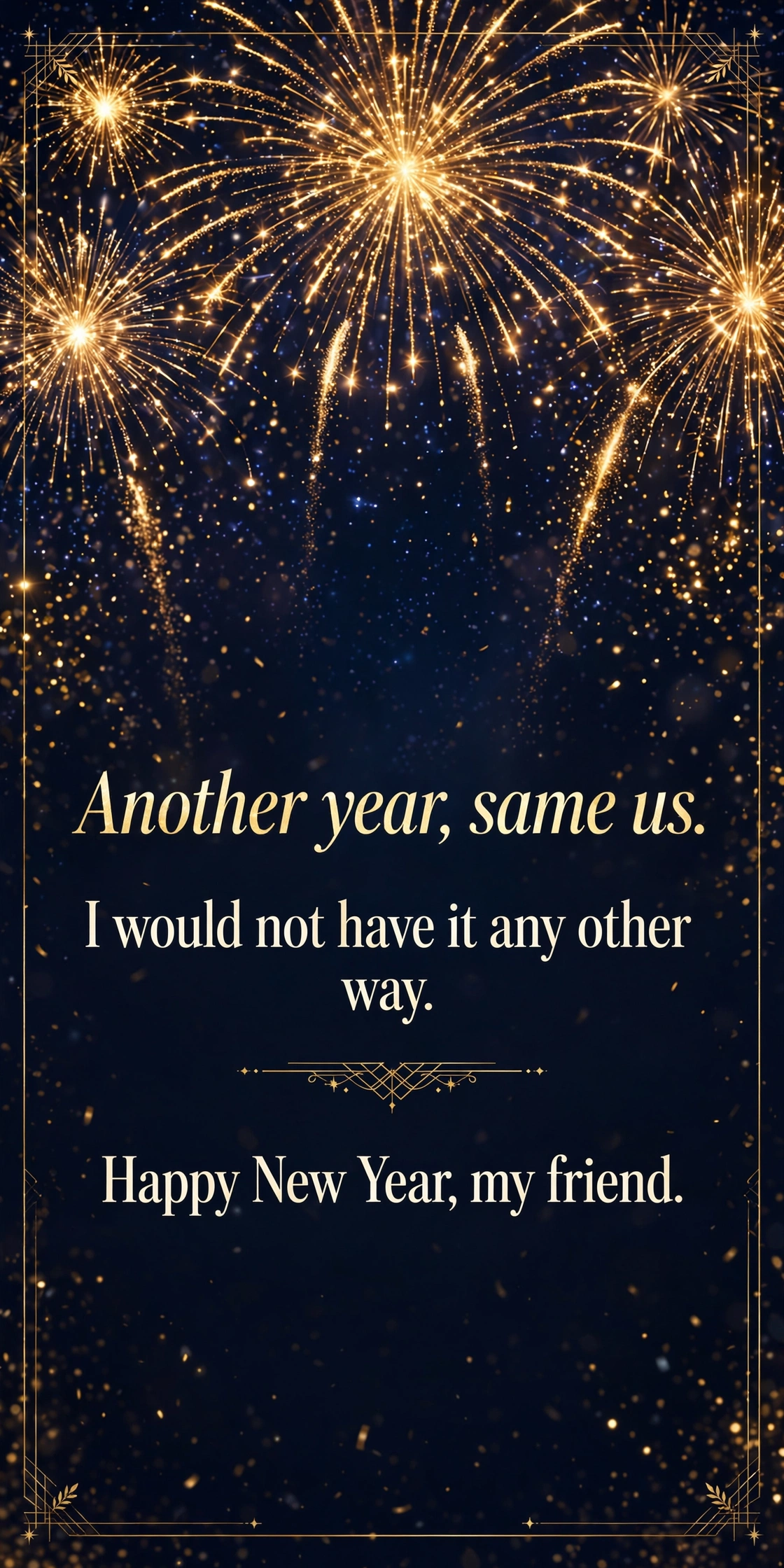 250+ Happy New Year Wishes, Messages & Quotes 2 Happy New Year wishes for friends quote card with golden fireworks