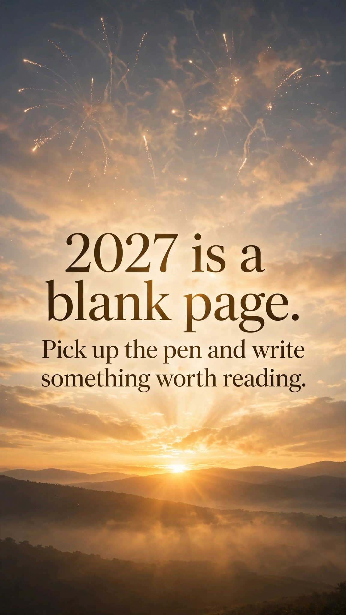 250+ Happy New Year Wishes, Messages & Quotes 6 Inspirational Happy New Year wishes quote card with golden sunrise fireworks