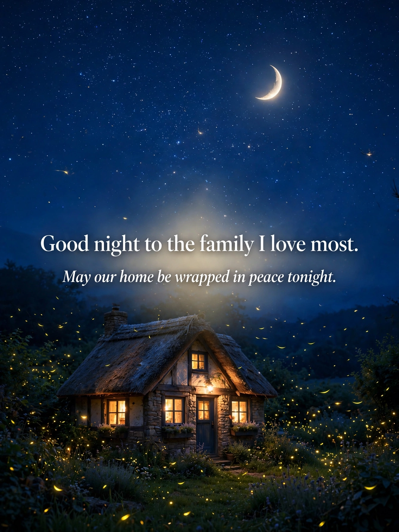 Good night blessings for family quote card with cozy house under a starry night sky