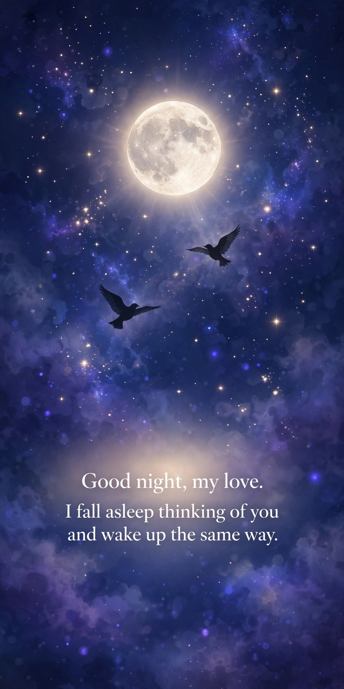 Good night blessings for love quote card with moonlit night sky and glowing stars for couples