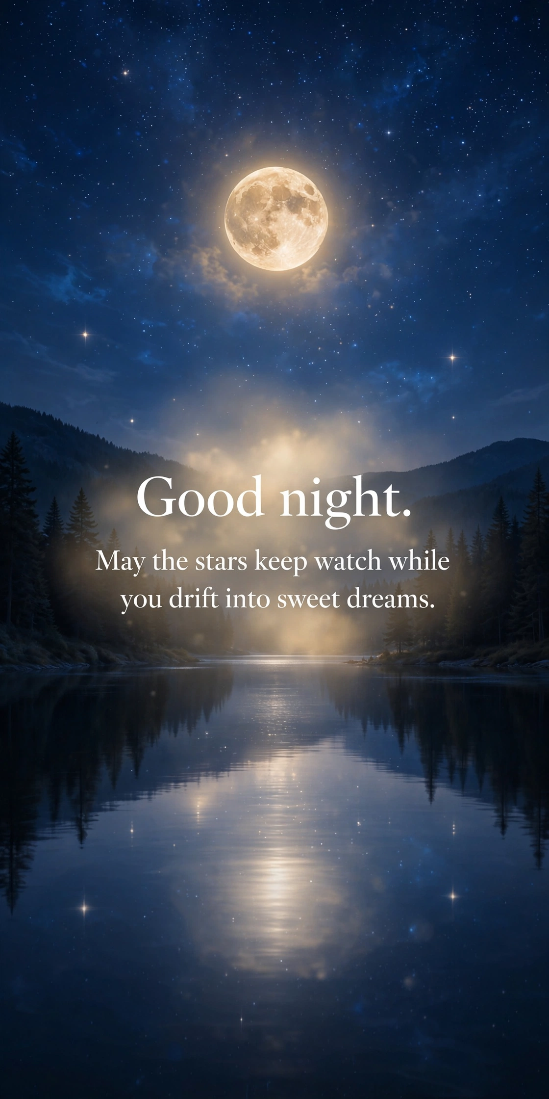 Peaceful good night blessings quote card with full moon glowing over a calm night lake