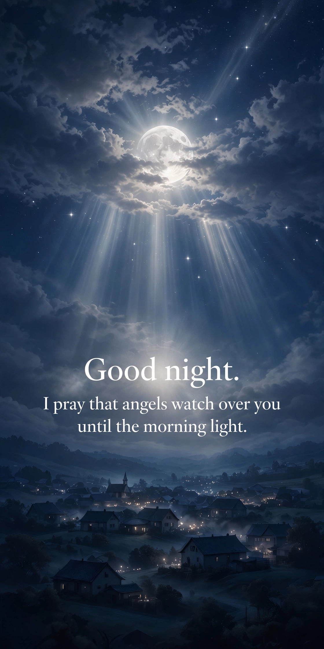 Good night blessings and prayers quote card with moonlight shining through night clouds