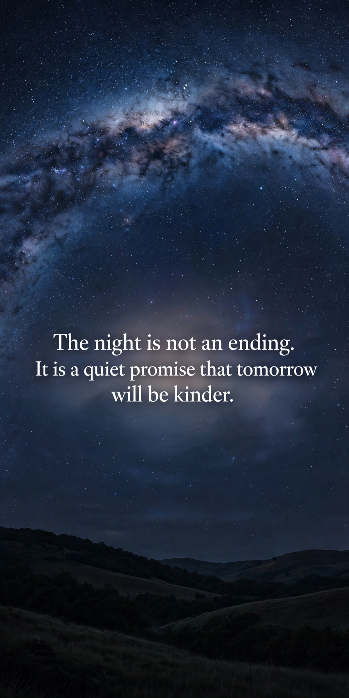 Inspirational good night quotes card with starry night sky over quiet hills