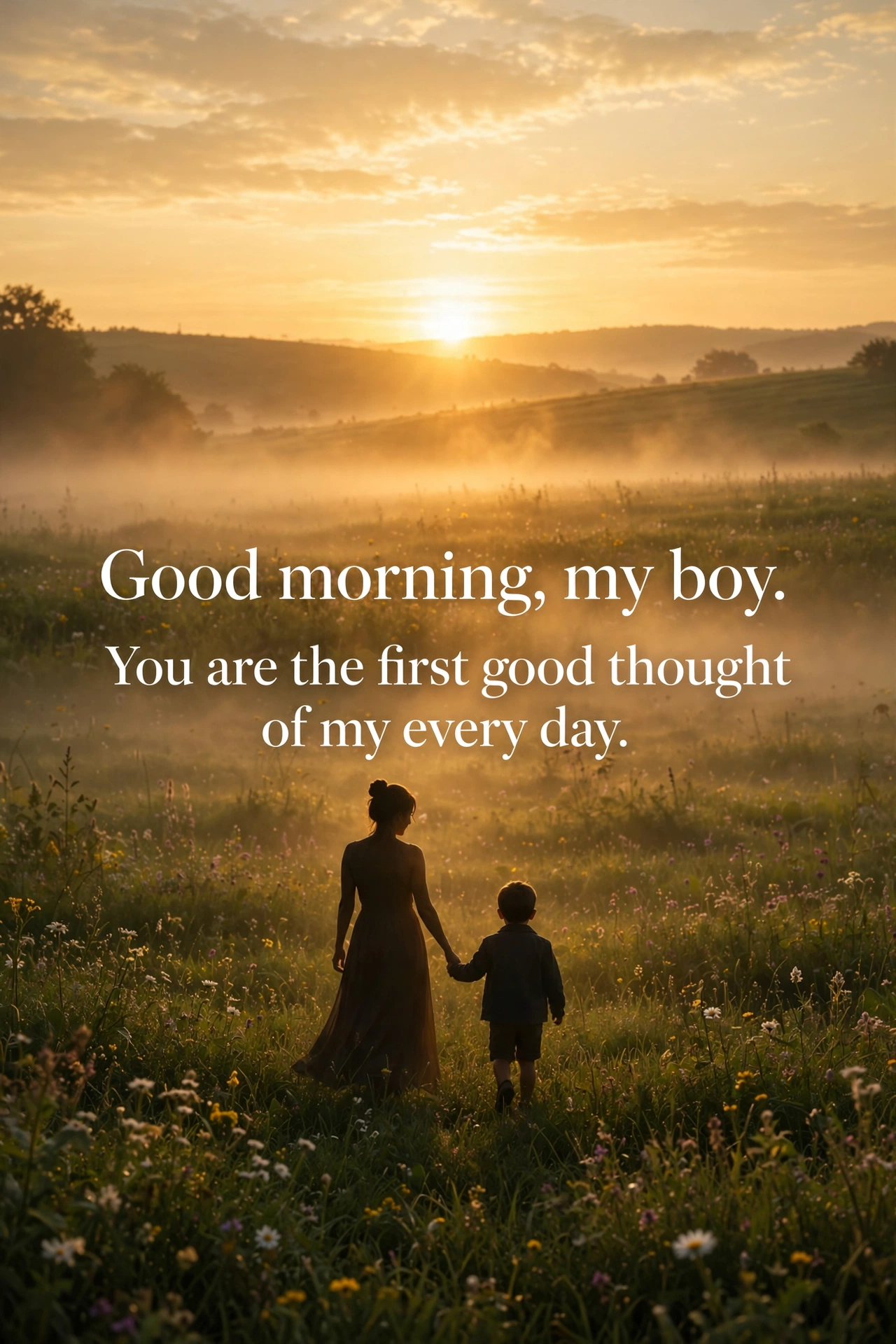 120+ Good Morning Wishes for Son: Proud, Loving & Motivating Texts 3 Loving warm good morning messages for son quote card with golden sunrise over meadow