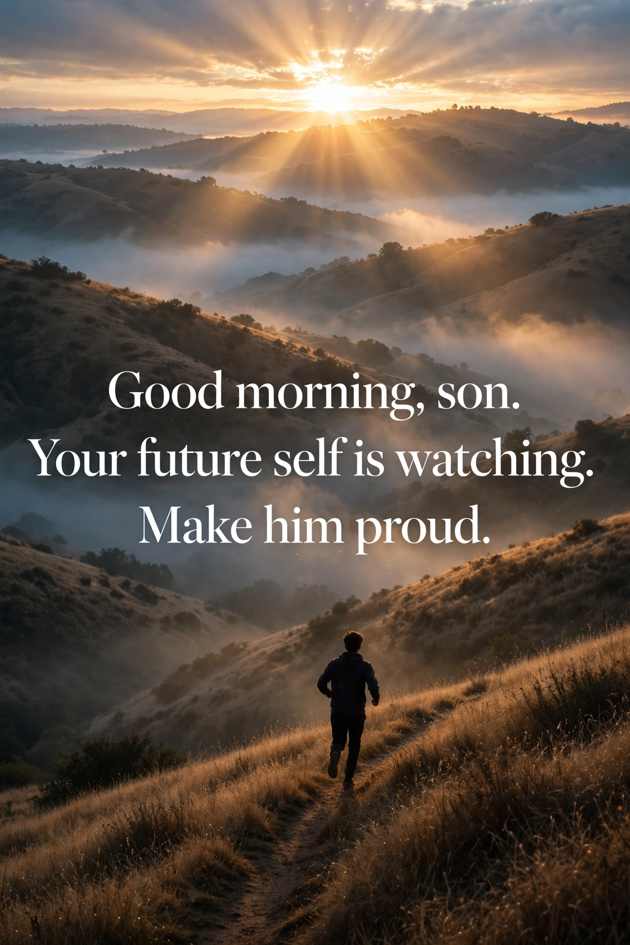 120+ Good Morning Wishes for Son: Proud, Loving & Motivating Texts 4 Motivational good morning texts for son quote card with sunrise breaking over hills