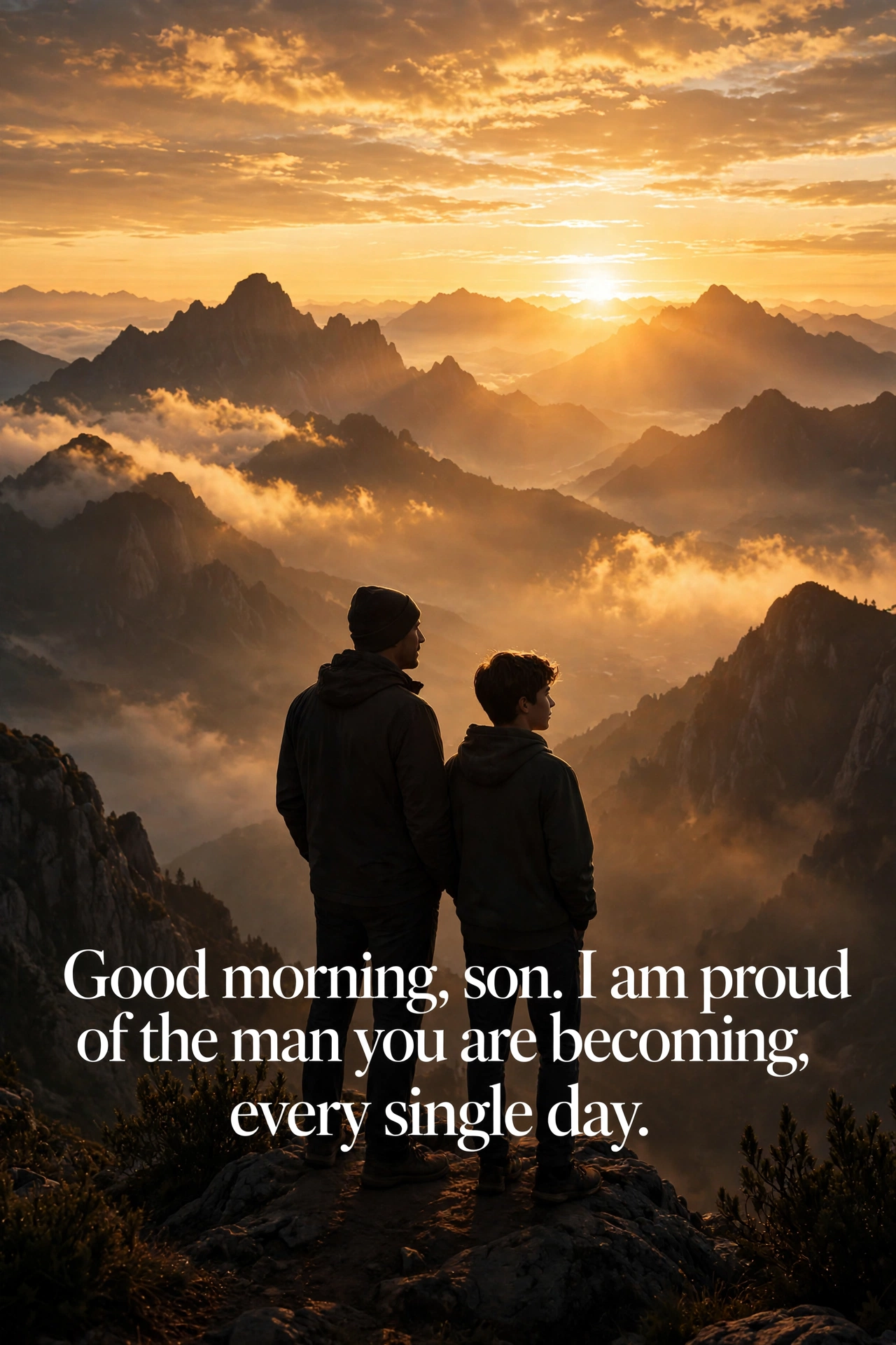 120+ Good Morning Wishes for Son: Proud, Loving & Motivating Texts 2 Proud parent good morning wishes for son quote card with sunrise over mountains