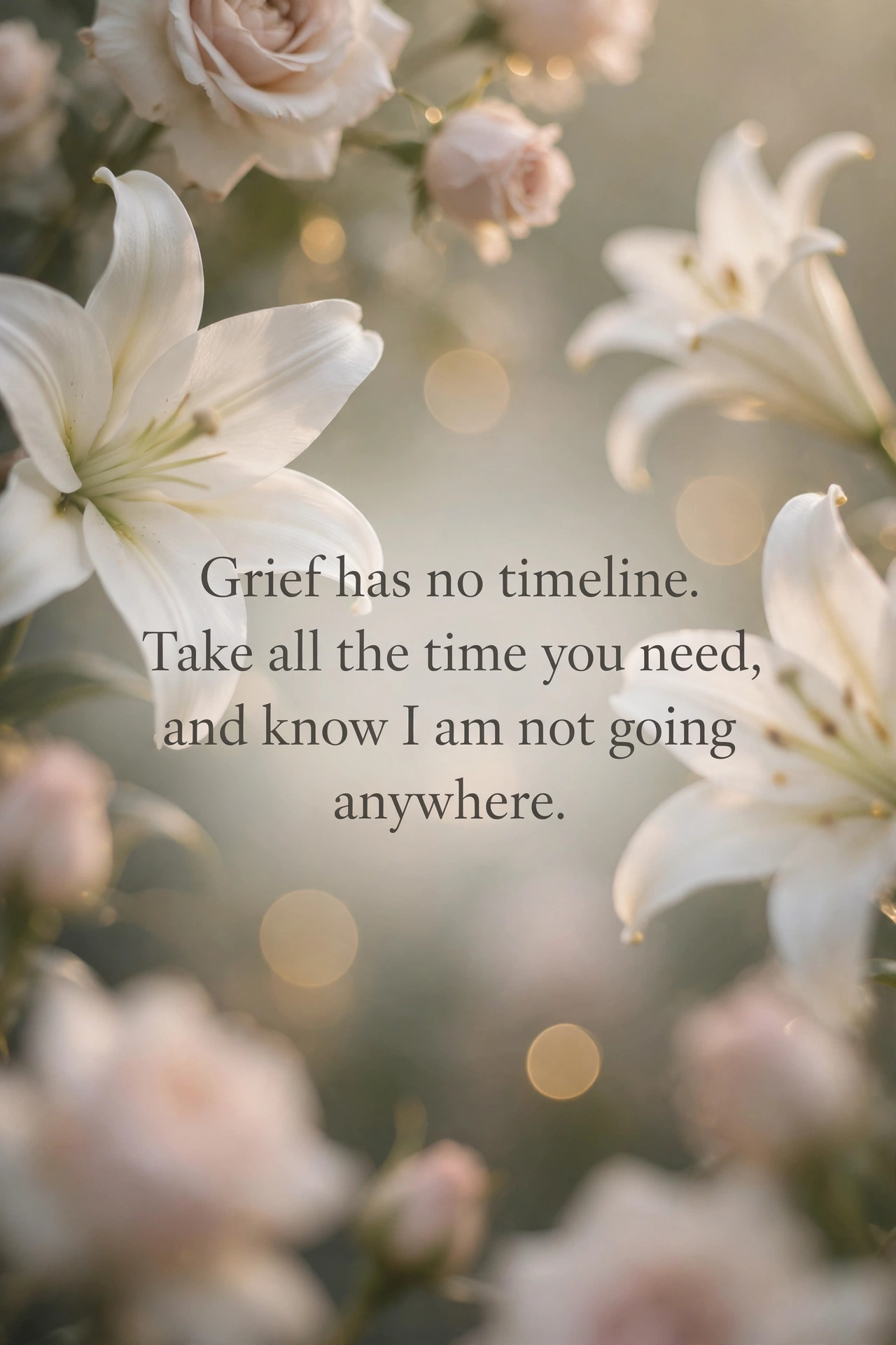 Heartfelt sympathy message quote card with soft white flowers
