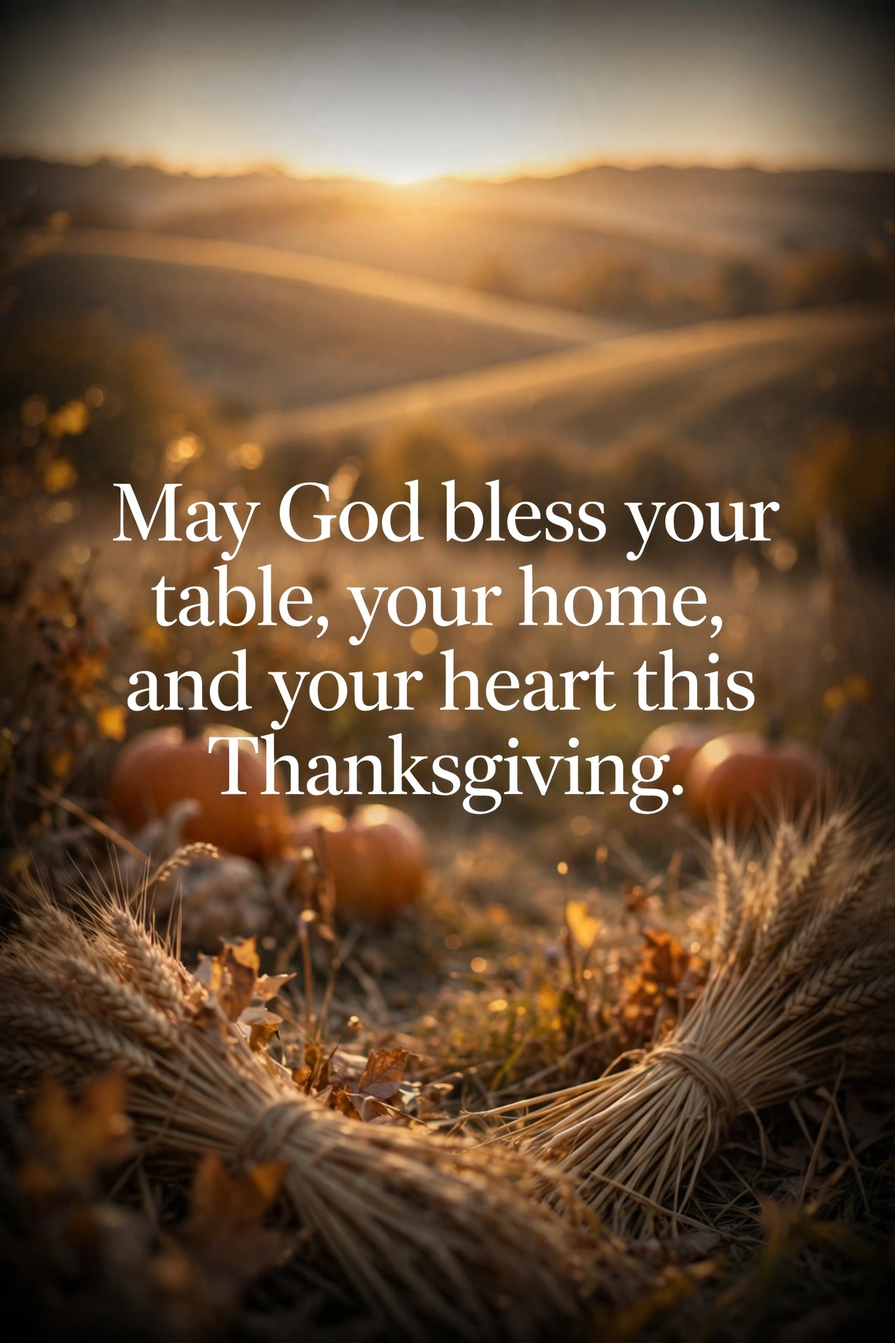 Thanksgiving blessings and prayers quote card with warm harvest sunrise over autumn fields