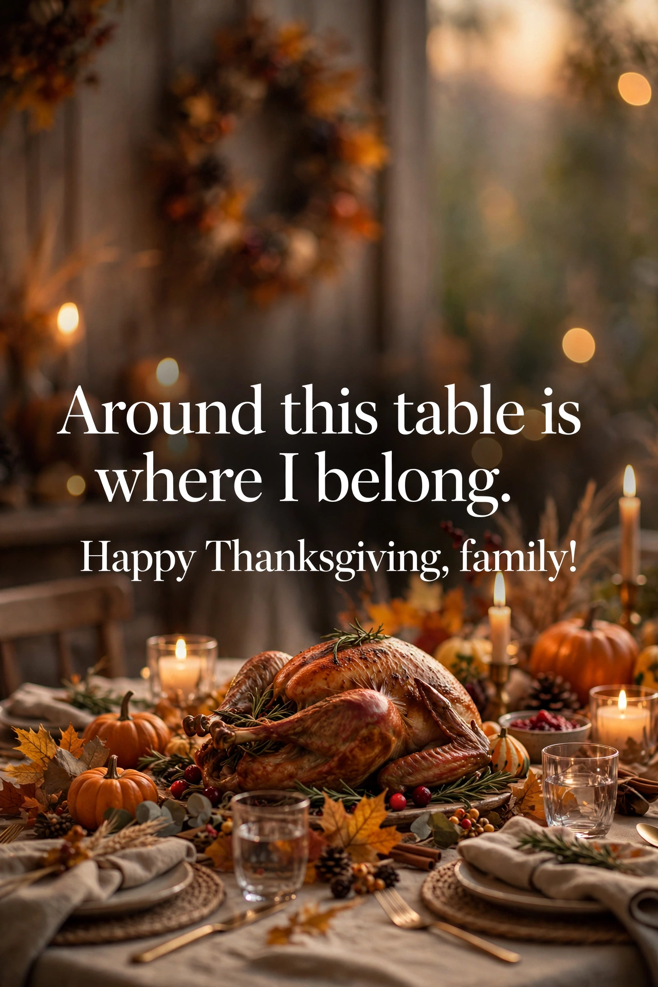 Thanksgiving wishes for family quote card with cozy family dinner table and harvest decor