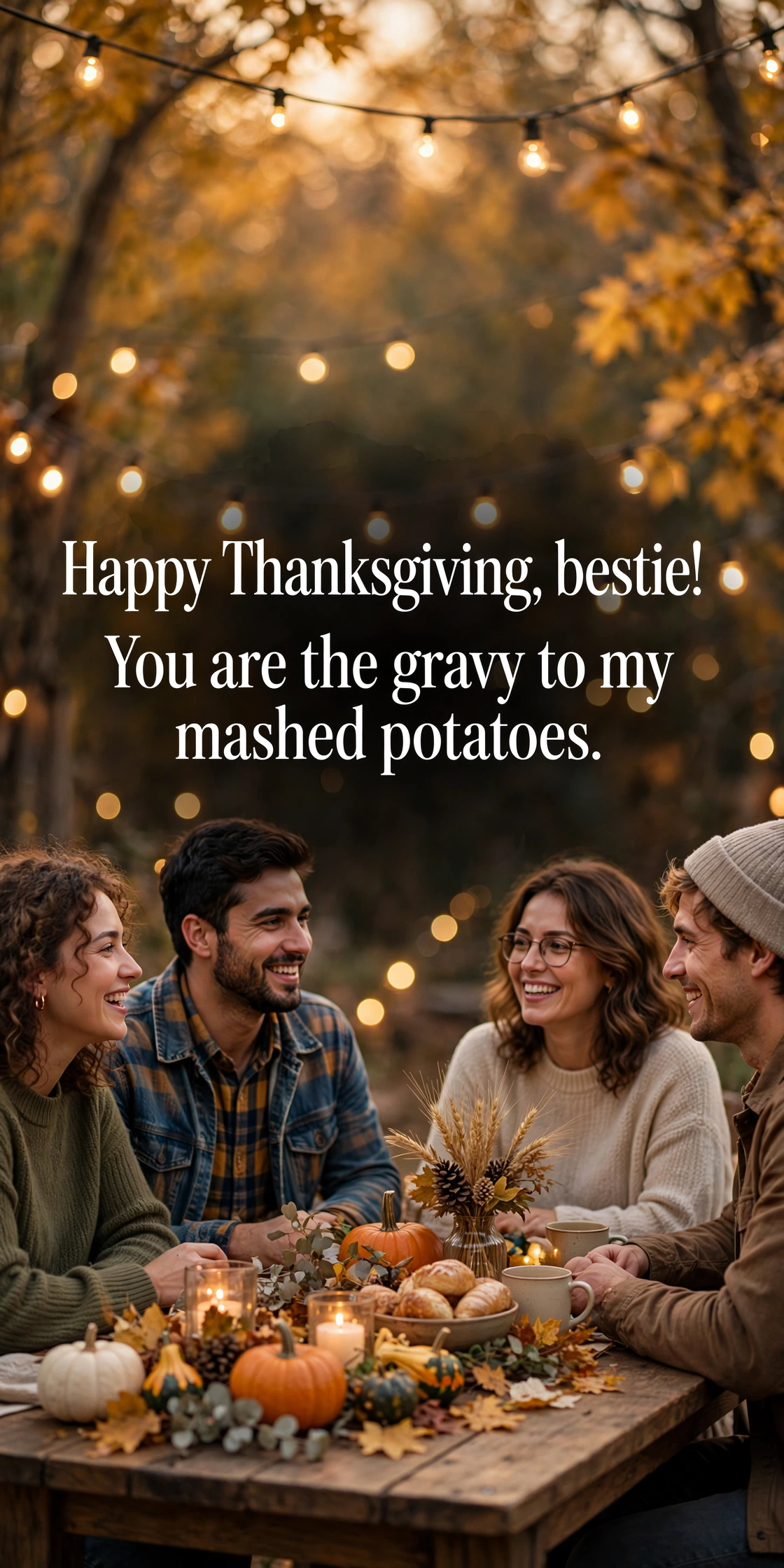 Thanksgiving wishes for friends quote card with friends gathering around a fall harvest table