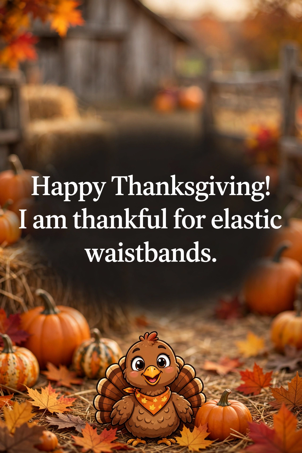 Funny Thanksgiving texts quote card with playful turkey and pumpkins in autumn field