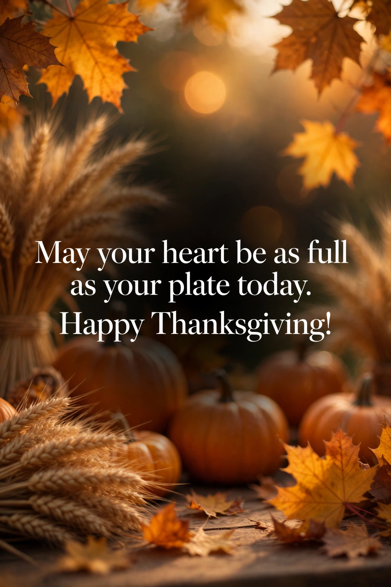 Grateful Thanksgiving wishes quote card with autumn harvest table and golden fall leaves