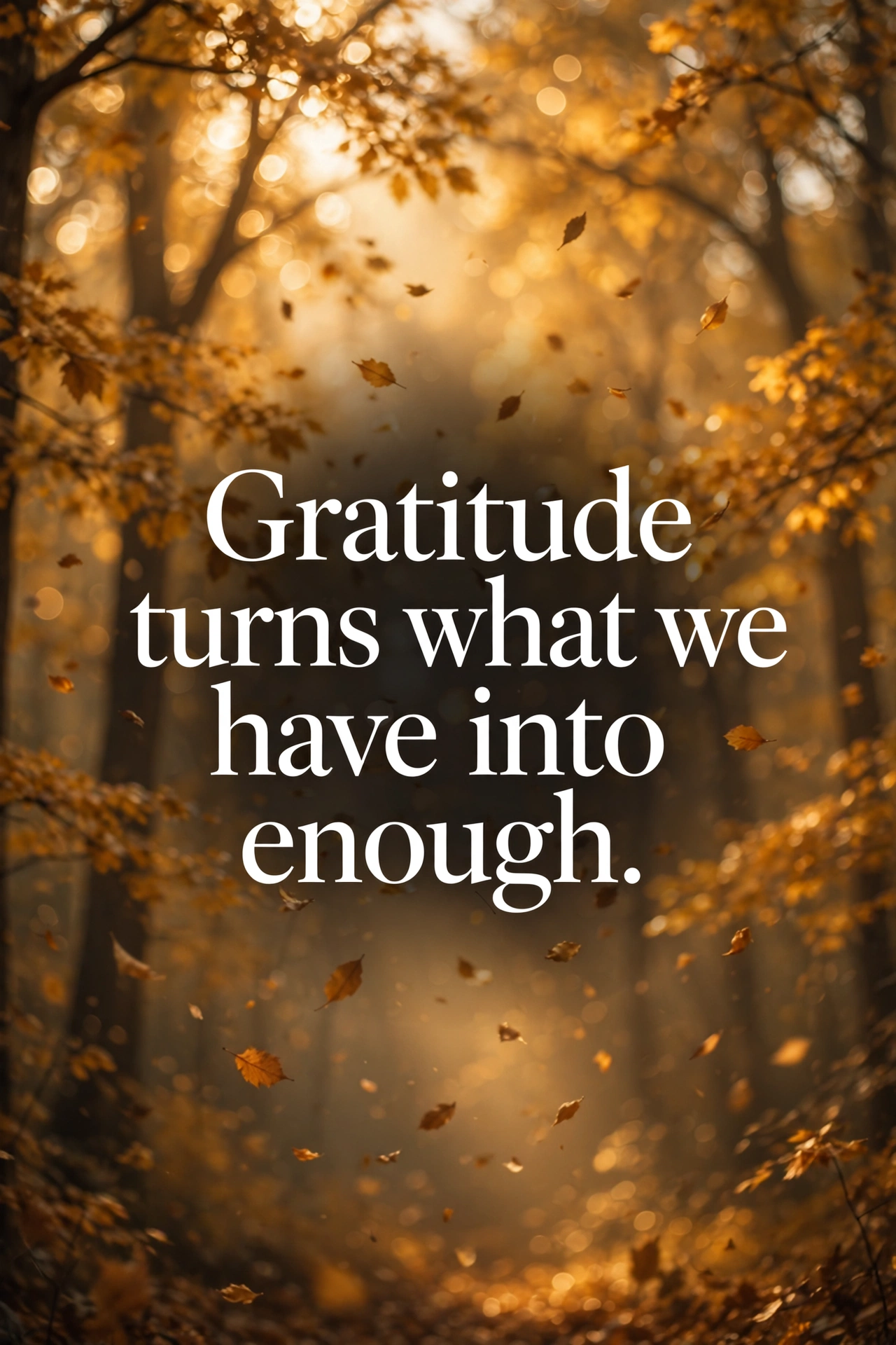 Thanksgiving quotes about gratitude card with golden autumn forest and falling leaves