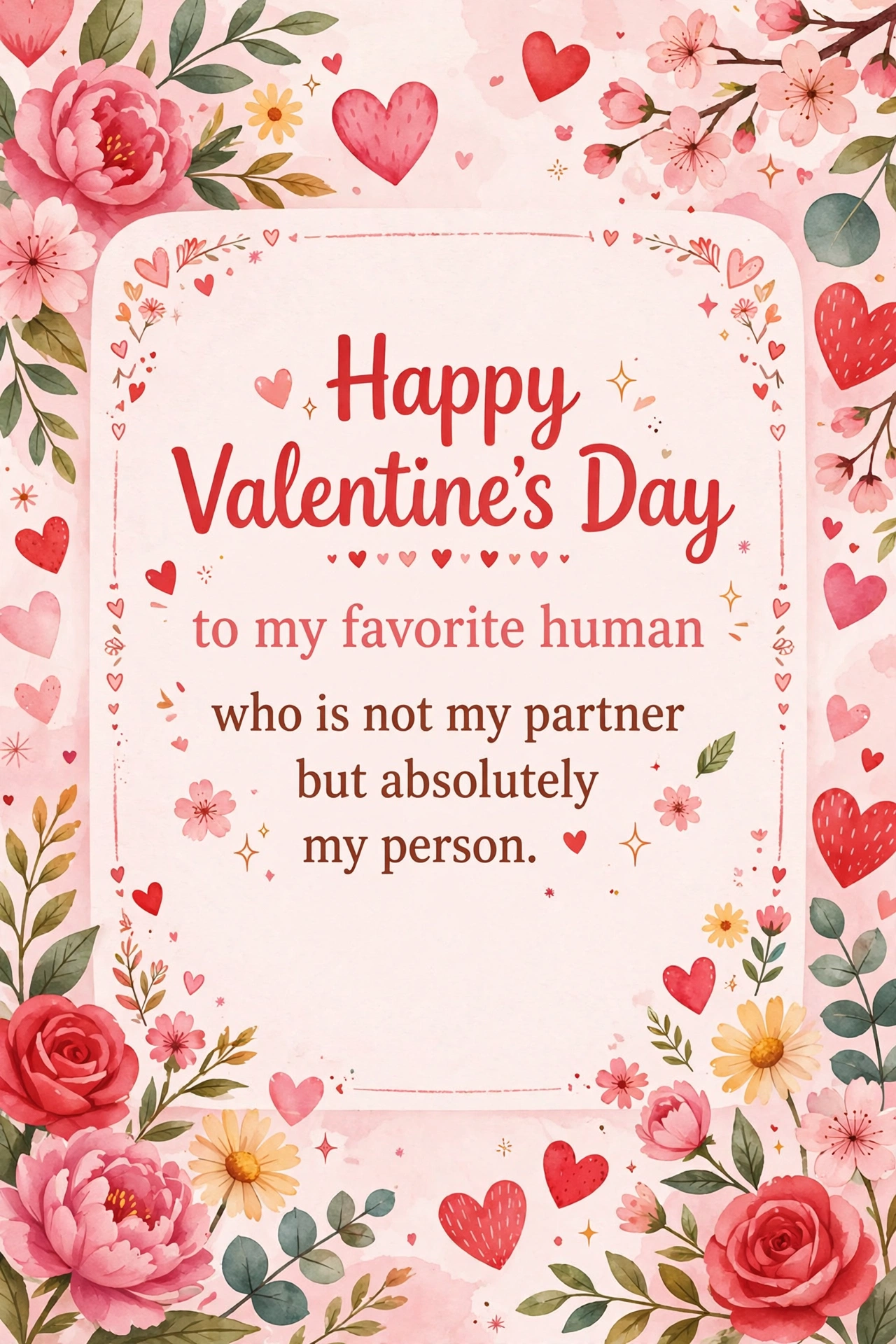 Happy Valentine's Day wish for friends quote card with hearts and flowers