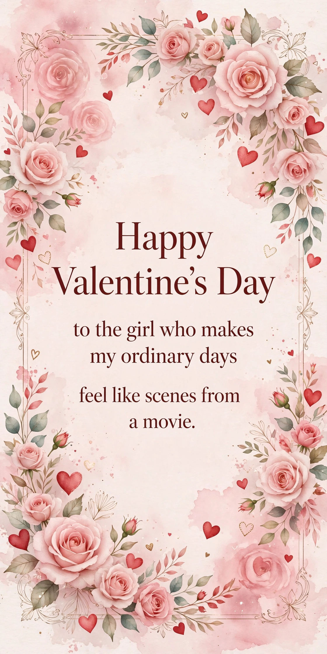 Romantic Valentine's Day wish for girlfriend quote card with roses and hearts