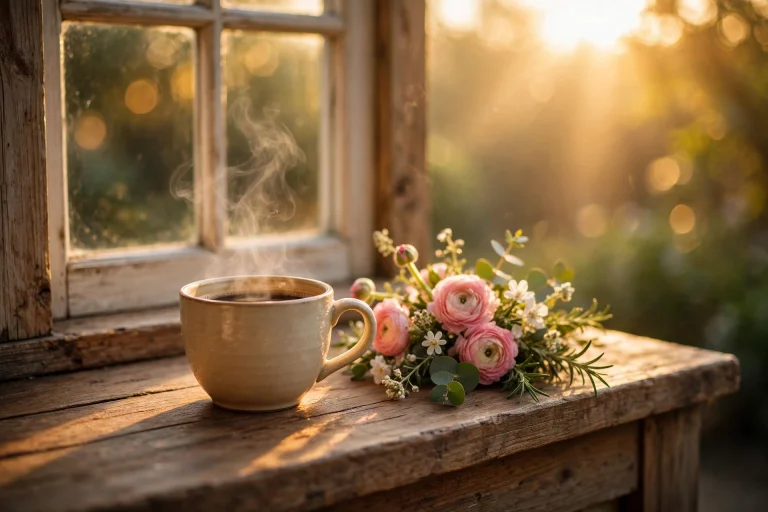 Best good morning wishes 2026 — sunrise coffee cup on windowsill, good morning wishes messages and quotes