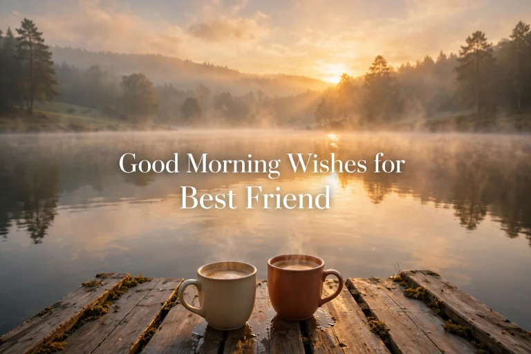 Good Morning Wishes for Best Friend featured image with sunrise over lake and coffee mugs on dock