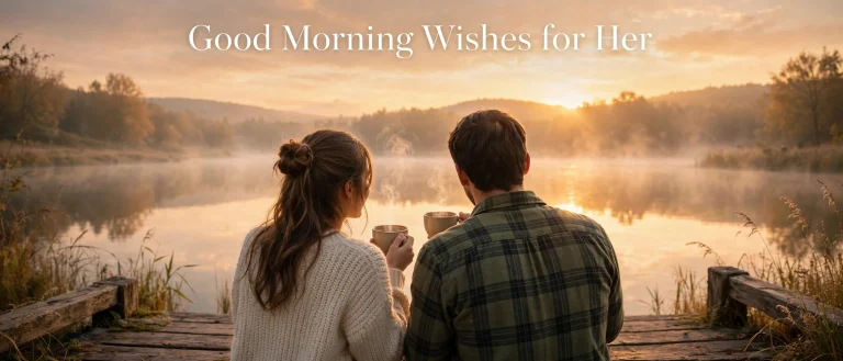 Good Morning Wishes for Her featured image with couple watching sunrise over lake