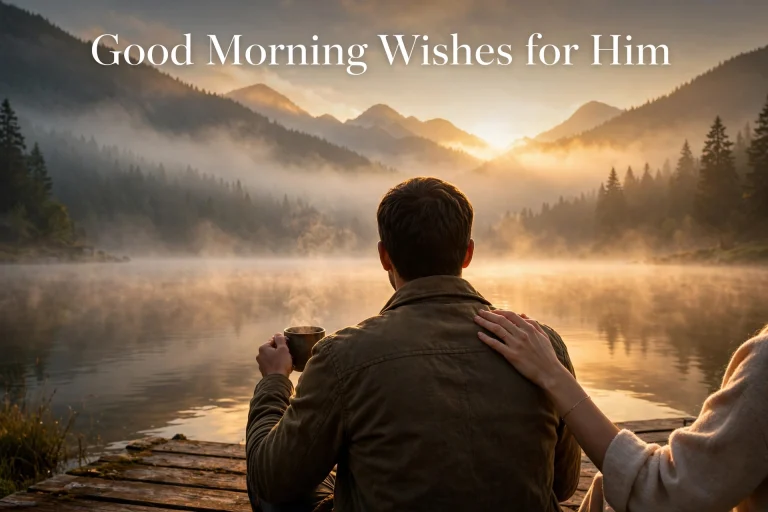 Good Morning Wishes for Him featured image with man watching sunrise over mountain lake